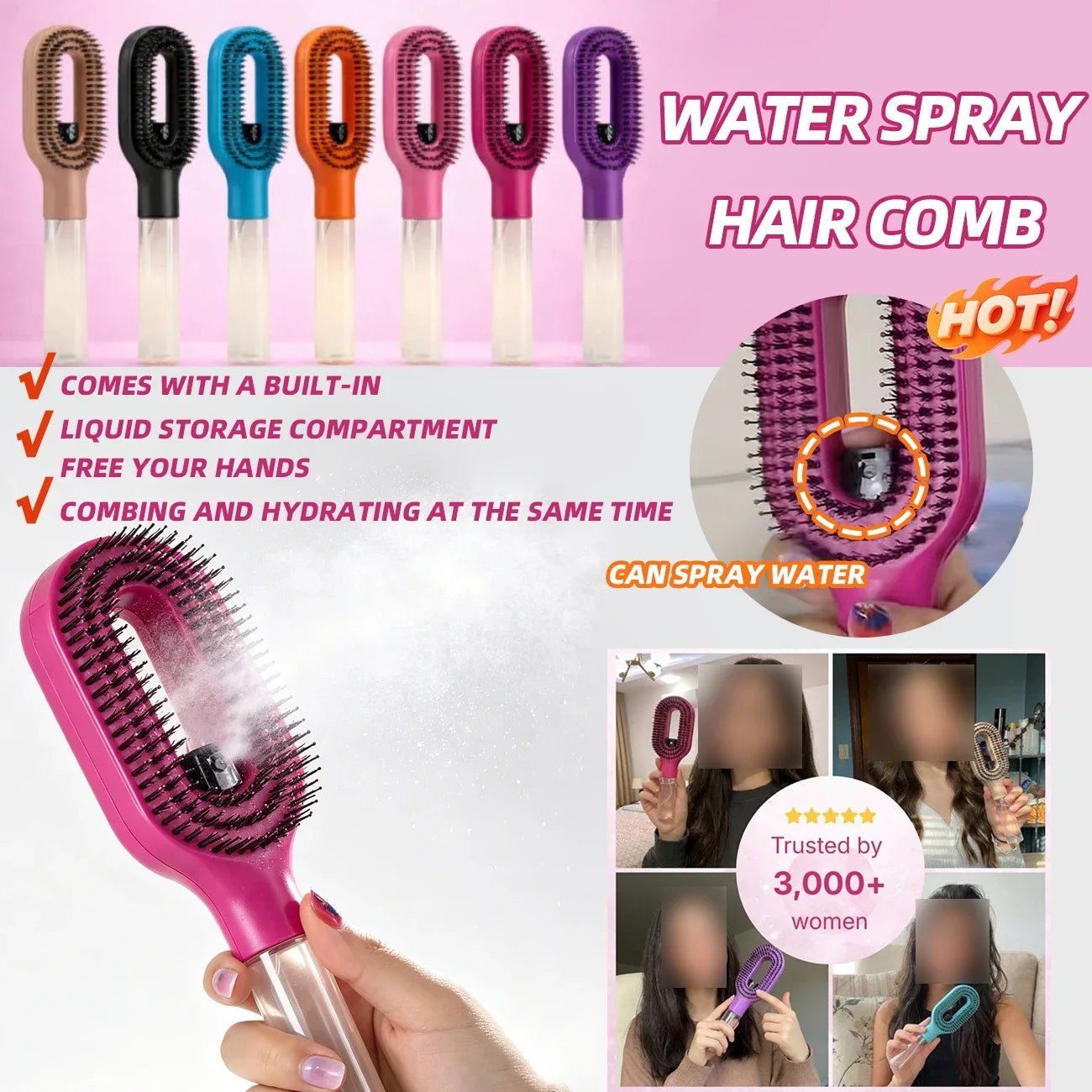Water spray hair brush for detangling and daily hair care